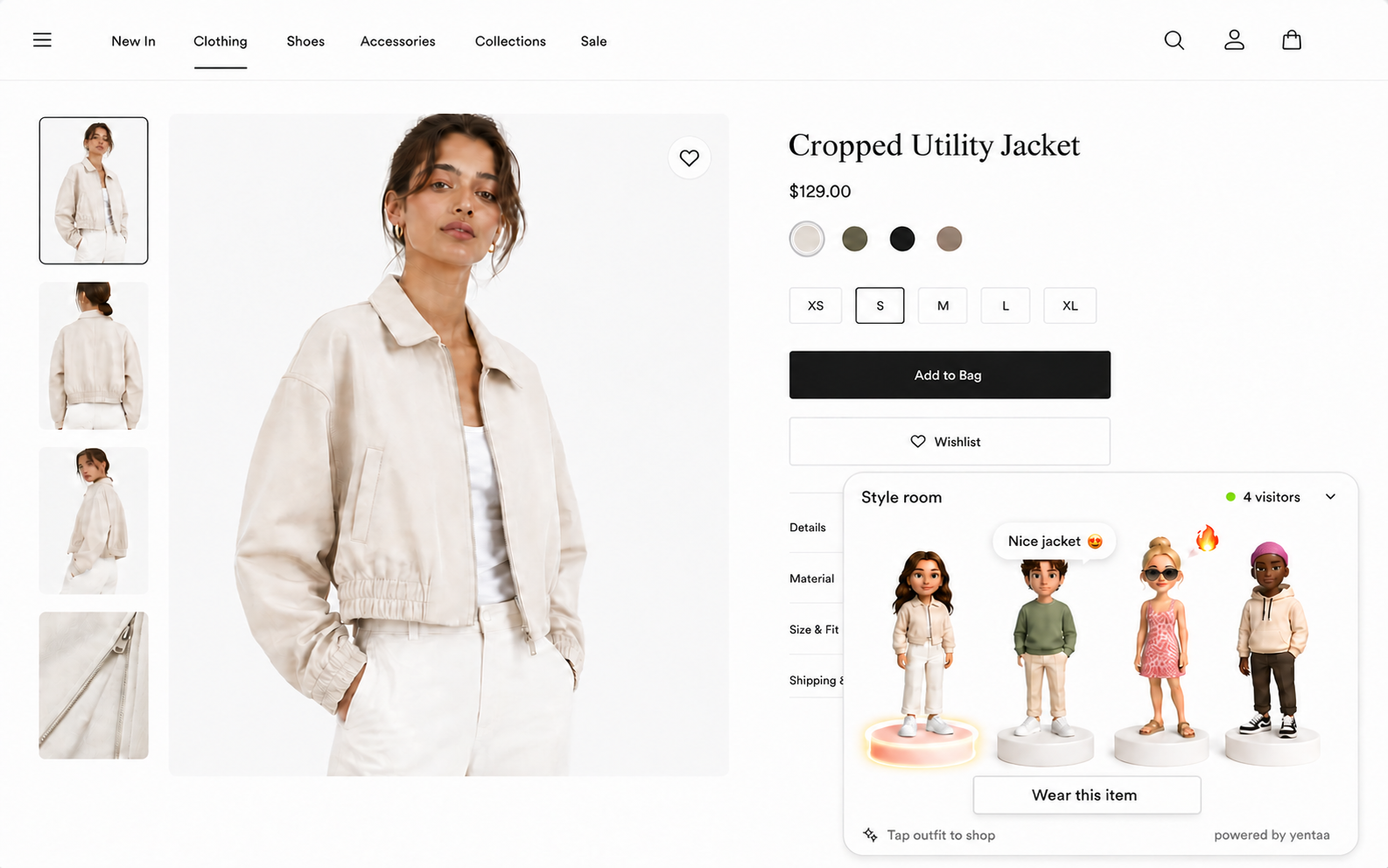 A fashion product page with a native Style room avatar widget