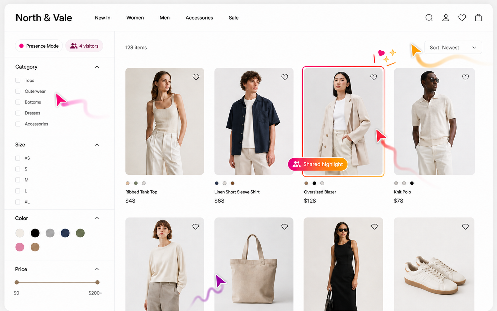 A clothing store product grid showing visitor cursor trails and a shared highlight